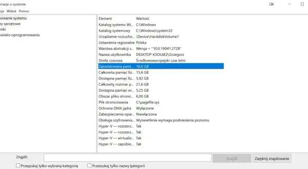 Podsumowanie systemu: zainstalowana pamięć RAM do laptopa to 16,0 GB.