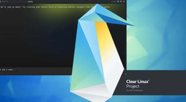 Pulpit z logo Clear Linux, na którym widać okno Steam i kilka terminali.