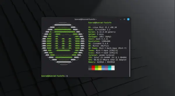 Terminal z informacjami o systemie Linux Mint, idealny do gier. Widać logo Tuxa i szczegóły sprzętu.