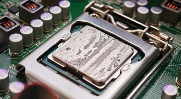 Procesor z zaschniętą pastą termoprzewodzącą, gotowy do testu chłodzenia CPU. Widoczne kondensatory i elementy płyty głównej.