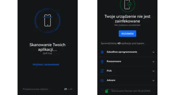 Skanowanie aplikacji, by sprawdzić, jak usunąć trojana. Wynik: urządzenie czyste.