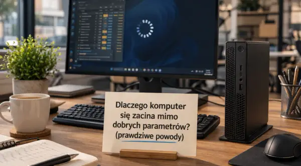Biurko z komputerem, klawiaturą i myszką. Kartka z napisem "Dlaczego komputer się zacina mimo dobrych parametrów? (prawdziwe powody)" sugeruje, jak sprawdzić podzespoły komputera.