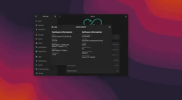 Okno ustawień GNOME 46 z informacjami o sprzęcie i oprogramowaniu.