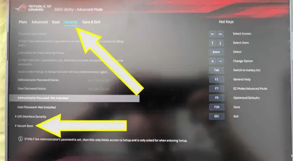 Ekran BIOS z zaznaczoną opcją "Security", gdzie można wyłączyć Secure Boot.