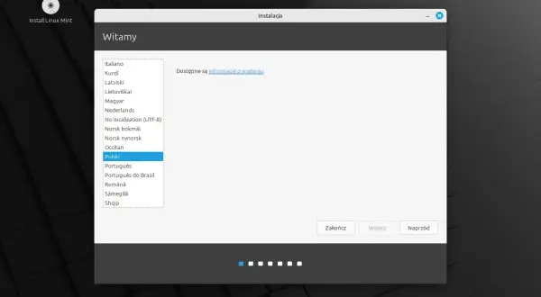 Instalacja Linux Mint Polska. Wybieram język polski, by rozpocząć konfigurację systemu.