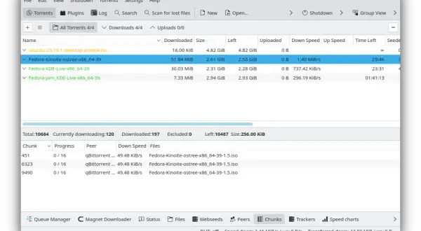 Widok programu KTorrent z listą pobieranych plików, w tym Fedora-Kinoite-ostree-x86_64-39.