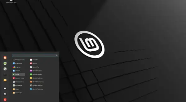 Menu startowe z aplikacjami, w tym LibreOffice, w systemie Linux Mint po polsku.