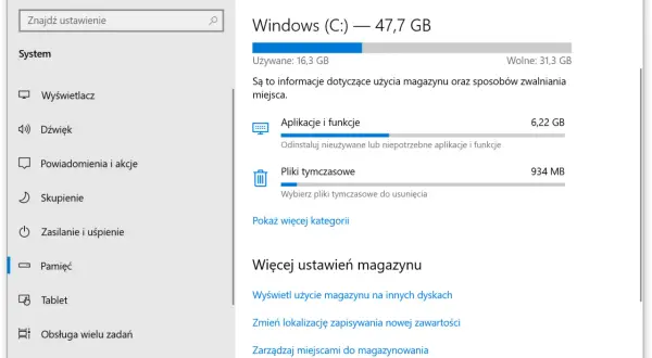 Ustawienia Pamięci w Windows 11 pokazują, jak zwiększyć dysk C, usuwając aplikacje, pliki tymczasowe i optymalizując dyski.
