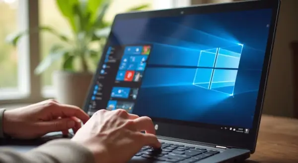Ręce na klawiaturze laptopa z widocznym menu Start. Dowiedz się, jak sprawdzić wersję Windows.