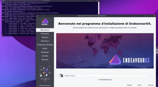 Ekran instalacyjny EndeavourOS wita użytkownika. Widać menu z opcjami instalacji i logo systemu.