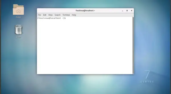 Pulpit z ikonami Home i Trash, otwarty terminal na tle tapety z logo CentOS 7.