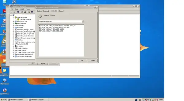 Menedżer urządzeń Windows 11 pokazuje właściwości kontrolera Ethernet. Widoczne identyfikatory sprzętu.