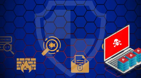 Ilustracja pokazuje zagrożenia cybernetyczne: laptop z czaszką, stosy serwerów z czaszkami, lupa z robakiem, zablokowana koperta, hasło i zapora ogniowa. To pokazuje, co to botnet.