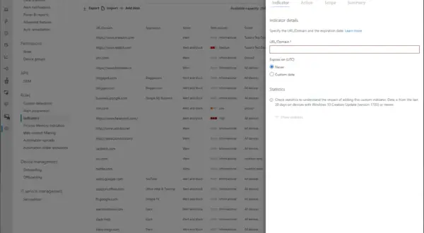 Dodawanie wskaźnika URL/domeny w Microsoft Defender for Endpoint. Okno dialogowe pozwala określić domenę i datę wygaśnięcia.