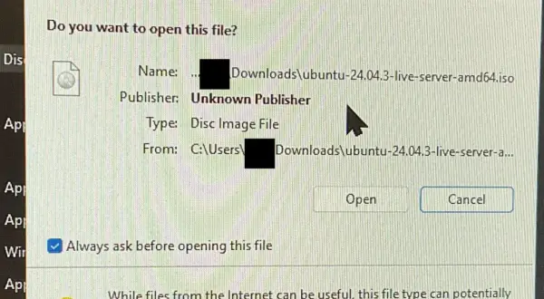 Ostrzeżenie bezpieczeństwa: chcesz otworzyć plik iso z Ubuntu? Wydawca nieznany.