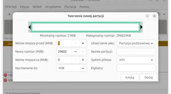 Okno GParted do tworzenia partycji. Ustawienia rozmiaru i systemu plików, przydatne gdy chcesz wiedzieć, jak usunąć partycje z dysku.