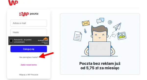 Formularz logowania WP Poczta. Czerwona strzałka wskazuje opcję "Nie pamiętasz hasła?", która może pomóc w zmianie hasła, podobnie jak w przypadku zmiany hasła linux.