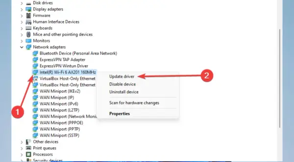 Menedżer urządzeń pokazuje, że Windows 10 nie widzi WiFi. Kliknij "Zaktualizuj sterownik" dla karty Intel(R) Wi-Fi 6 AX201 160MHz.