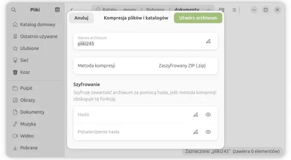 Jak zabezpieczyć folder hasłem? Okno tworzenia archiwum ZIP z opcją szyfrowania i wprowadzania hasła.