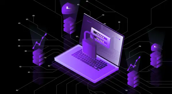 Ilustracja pokazuje, jak zabezpieczyć komputer przed hakerami: laptop z kłódką i polem logowania, otoczony elementami symbolizującymi ochronę danych.