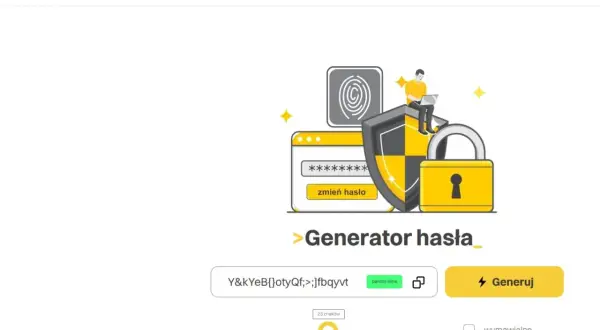 Generator hasła tworzy bardzo silne, bezpieczne hasło. Ikony symbolizują ochronę i dane.