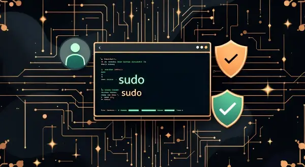 Terminal z komendą sudo w systemie alias linux. Ikona użytkownika i tarcze z potwierdzeniem bezpieczeństwa na tle obwodów drukowanych.