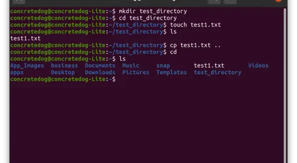 Terminal Linux: cp test1.txt .. kopiuje plik test1.txt do katalogu nadrzędnego.