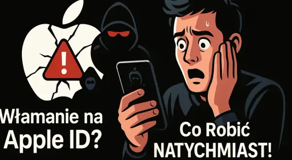 Przerażony mężczyzna trzyma telefon, widząc włamanie na Apple ID. Cień hakera i pęknięte logo Apple symbolizują zagrożenie.