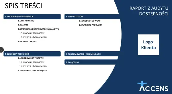 Raport z audytu dostępności zawiera spis treści z sekcjami: Podstawowe informacje, Szczegóły techniczne, Wyniki testów, Podsumowanie i rekomendacje, Załączniki.