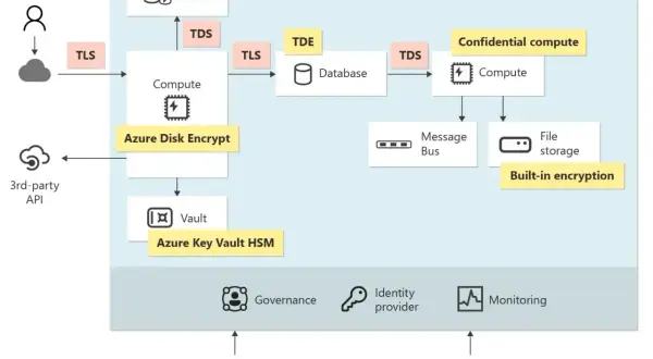 Schemat przedstawia Azure, gdzie szyfrowanie dysku chroni dane w chmurze. Użytkownicy i API łączą się przez TLS.