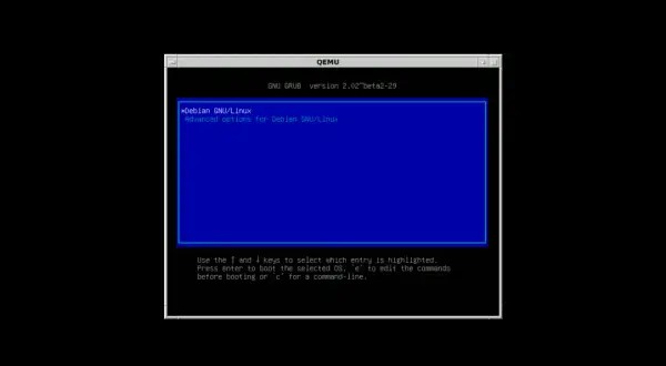 Ekran startowy GRUB dla Debian GNU/Linux w QEMU. Wybierz system lub edytuj polecenia.