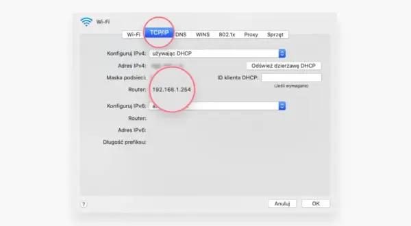 Ustawienia TCP/IP pokazują adres routera 192.168.1.254, co jest kluczowe, by sprawdzić IP urządzeń w sieci lokalnej.