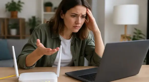 Zestresowana kobieta próbuje dowiedzieć się, jak naprawić internet w komputerze, patrząc na router i laptopa.