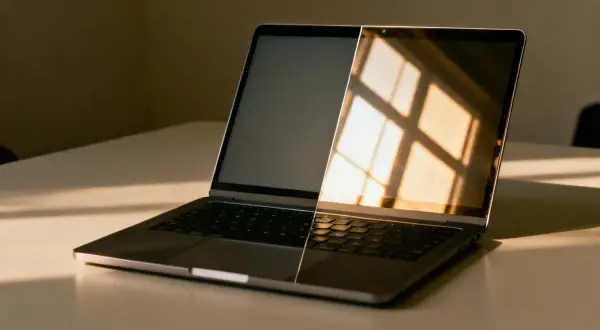 Laptop z połową ekranu zaciemnioną, a drugą odbijającą światło okna. Czas na upgrade laptopa!