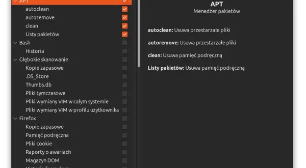 BleachBit czyści pamięć podręczną systemu, usuwa przestarzałe pakiety APT i pliki tymczasowe.