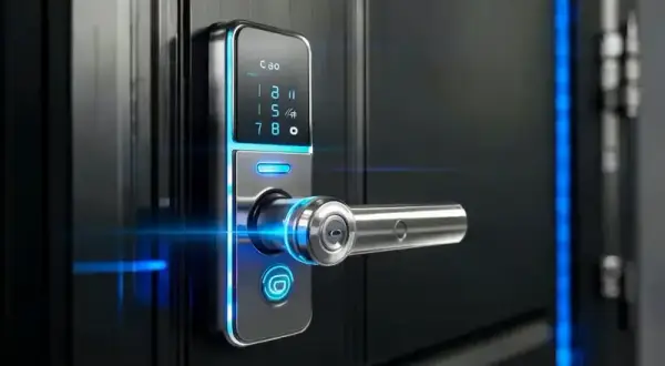 Nowoczesny smart lock na drzwiach, z podświetlaną klawiaturą i uchwytem. To przyszłość bezpieczeństwa, czyli smart lock co to jest.