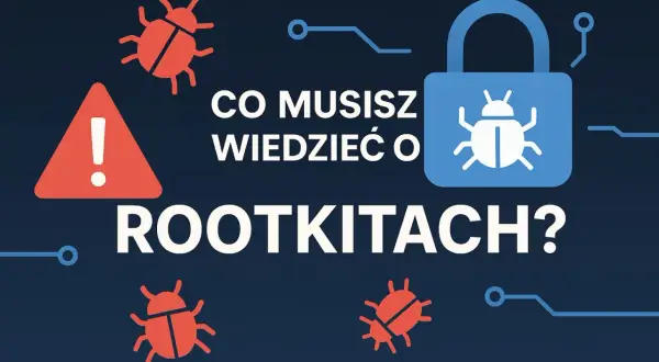 Co musisz wiedzieć o rootkitach? Grafika przedstawia ostrzeżenie i kłódkę z symbolem robaka, sugerując zagrożenie ze strony rootkitów.