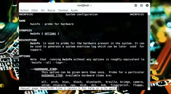 Terminal Linux z opisem narzędzia hwinfo, służącego do analizy sprzętu.