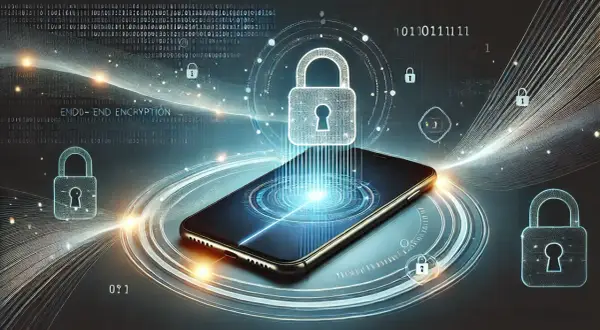 Telefon z symbolami kłódki i tekstem "END-TO-END ENCRYPTION" ilustruje szyfrowanie wiadomości.
