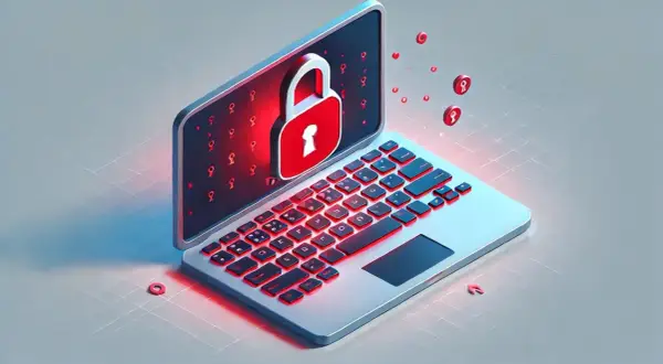 Laptop z czerwonym zamkiem na ekranie, symbolizującym bezpieczeństwo. Wokół unoszą się małe ikony kłódek. Zastanawiasz się, keylogger co to?