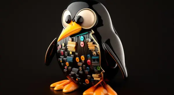 Tux, maskotka Linuksa, z widocznymi elementami płyty głównej, symbolizuje najnowszy linux i jego zaawansowaną technologię.