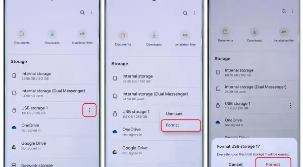 Formatowanie karty SD: wybierz opcję "Format" dla USB storage 1, aby wyczyścić dane.