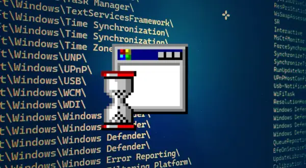 Ikona klepsydry i okno dialogowe symbolizują usuwanie aplikacji z systemu Windows.