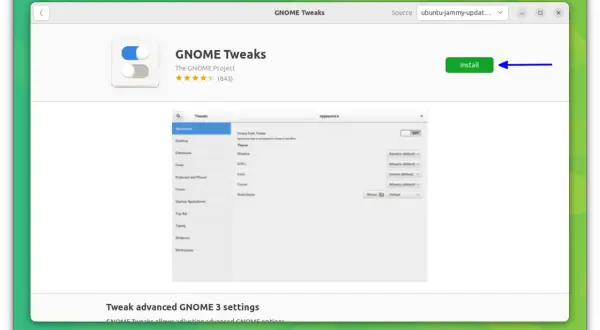 Okno aplikacji GNOME Tweaks, gotowe do instalacji. Pozwala na zaawansowane dostosowanie ustawień GNOME.