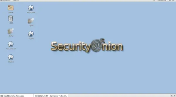 Pulpit z ikonami: Home, Trash, Setup, CyberChef, Kibana, README, Sguil, Squert. W centrum logo "Security Onion".