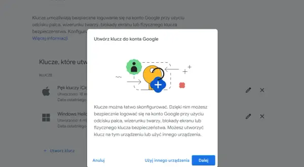 Konfiguracja klucza bezpieczeństwa dla konta Google. Możesz użyć Windows Hello do bezpiecznego logowania.