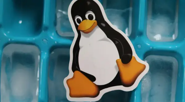 Tux, maskotka jądra Linux, siedzi na tacce z kostkami lodu.