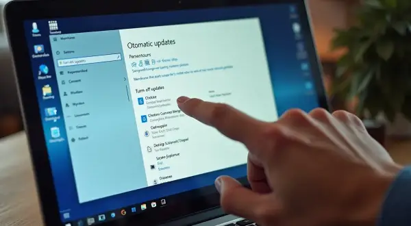 Palec wskazuje opcję "Turn off updates" na ekranie laptopa, pokazując jak wyłączyć aktualizacje Windows 10.