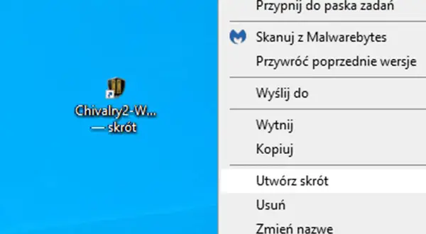 Menu kontekstowe z opcją "Utwórz skrót" obok ikony gry Chivalry 2.