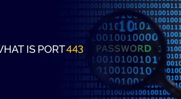 Co to jest port 443? Obraz przedstawia kod binarny i hasło, sugerując bezpieczeństwo sieci.